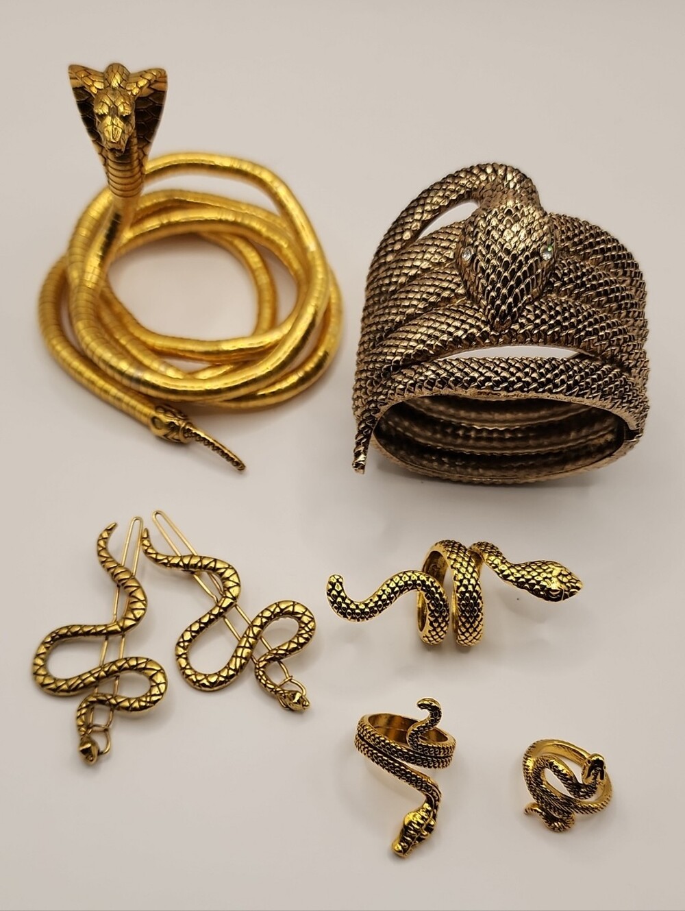 Gold Snake Coil Bracelet, Hair Pins and Ring Set - Women Accessories